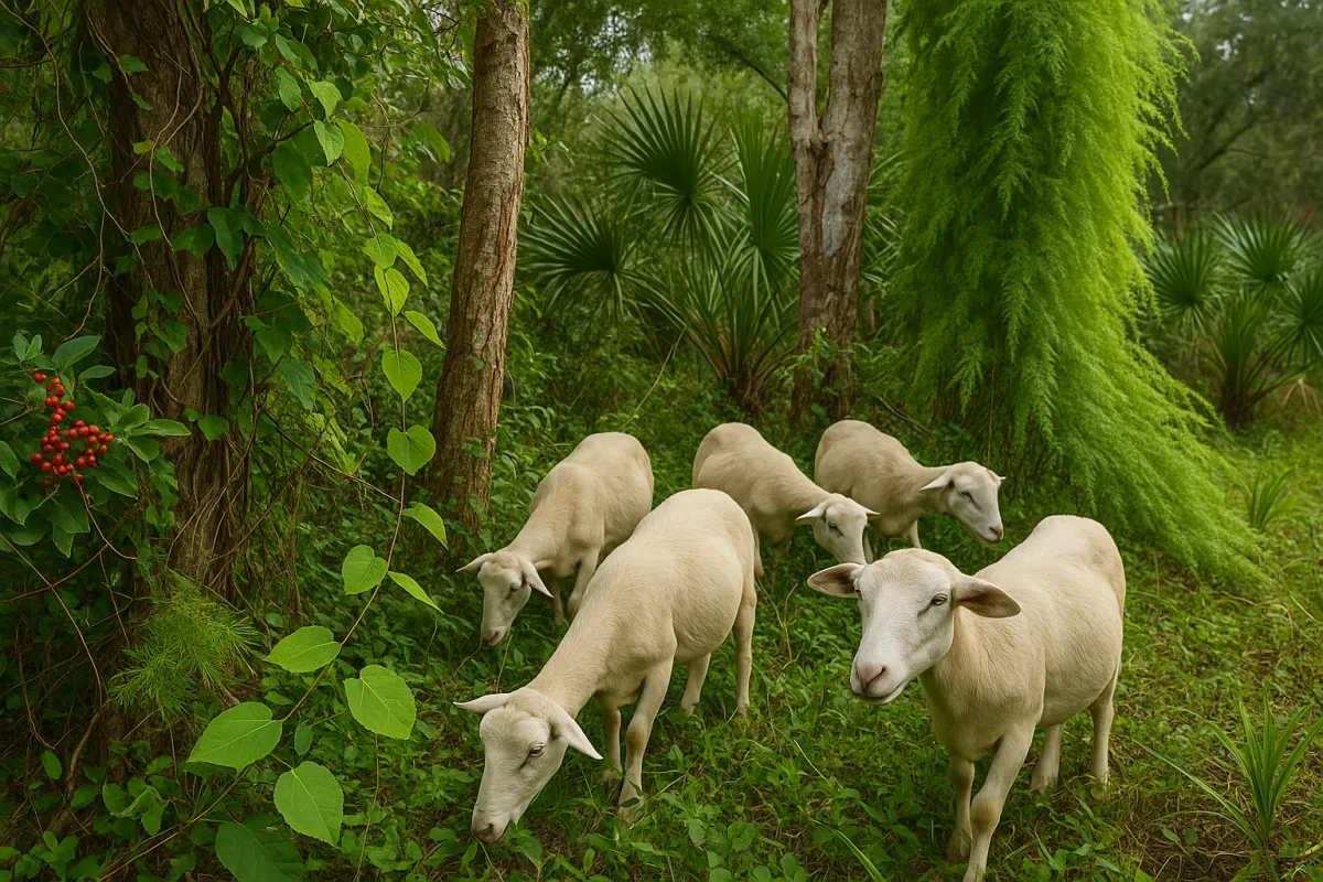 atahdin sheep grazing on a Florida wetland edge surrounded by invasive plants—Brazilian pepper berries, melaleuca trunk, and Old World climbing fern—illustrating targeted grazing at the transitional zone where invasions begin.