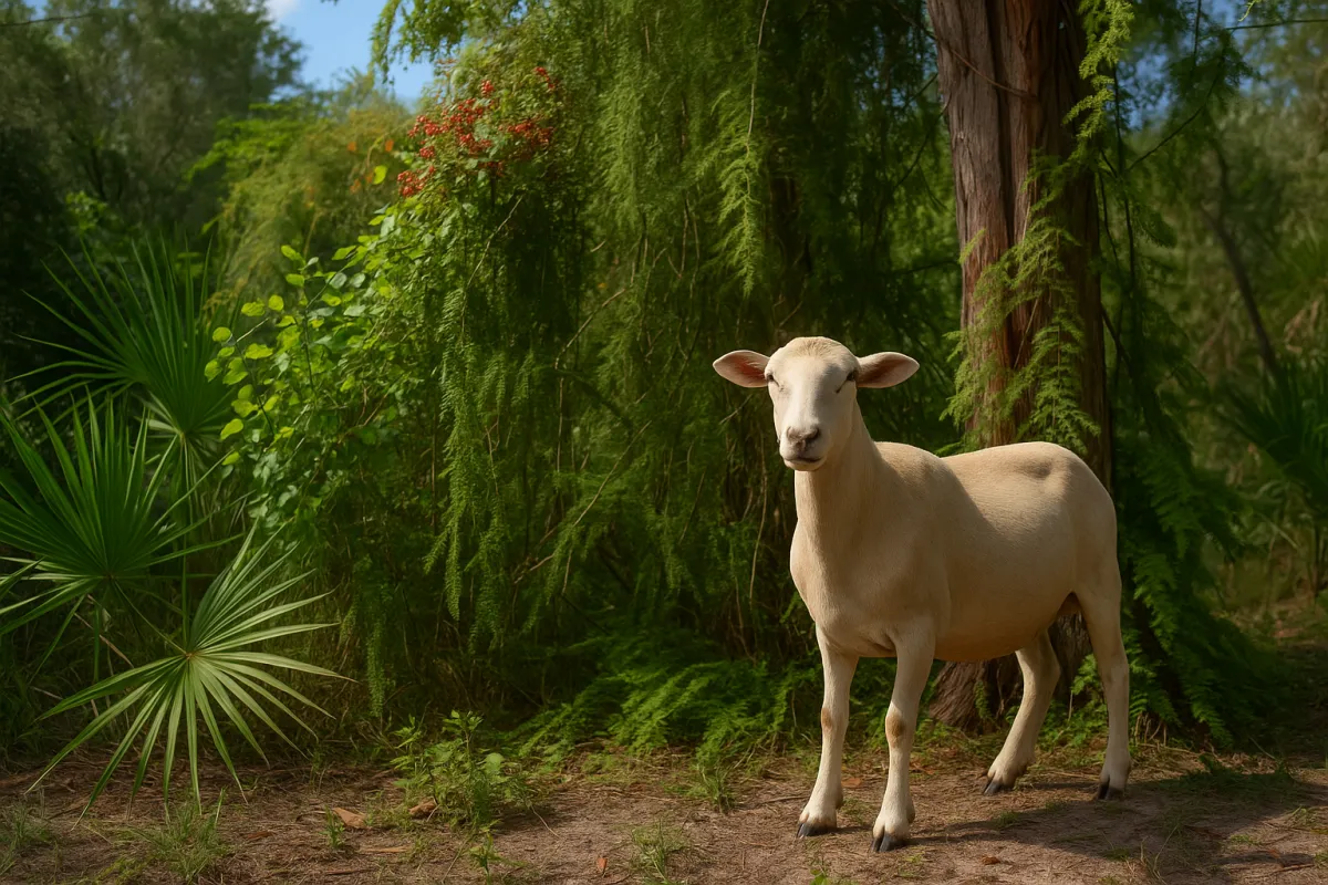 Katahdin sheep standing alert in a Florida wetland margin surrounded by lush green vegetation, including saw palmetto and cypress trees, symbolizing resilience and adaptation to the subtropical environment.
