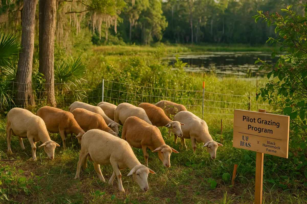 Katahdin sheep flock grazing inside a portable electric paddock on a Florida wetland edge near a cypress-lined pond, with a small “Pilot Grazing Program – UF IFAS × Black Hammock Farms” sign in the foreground.