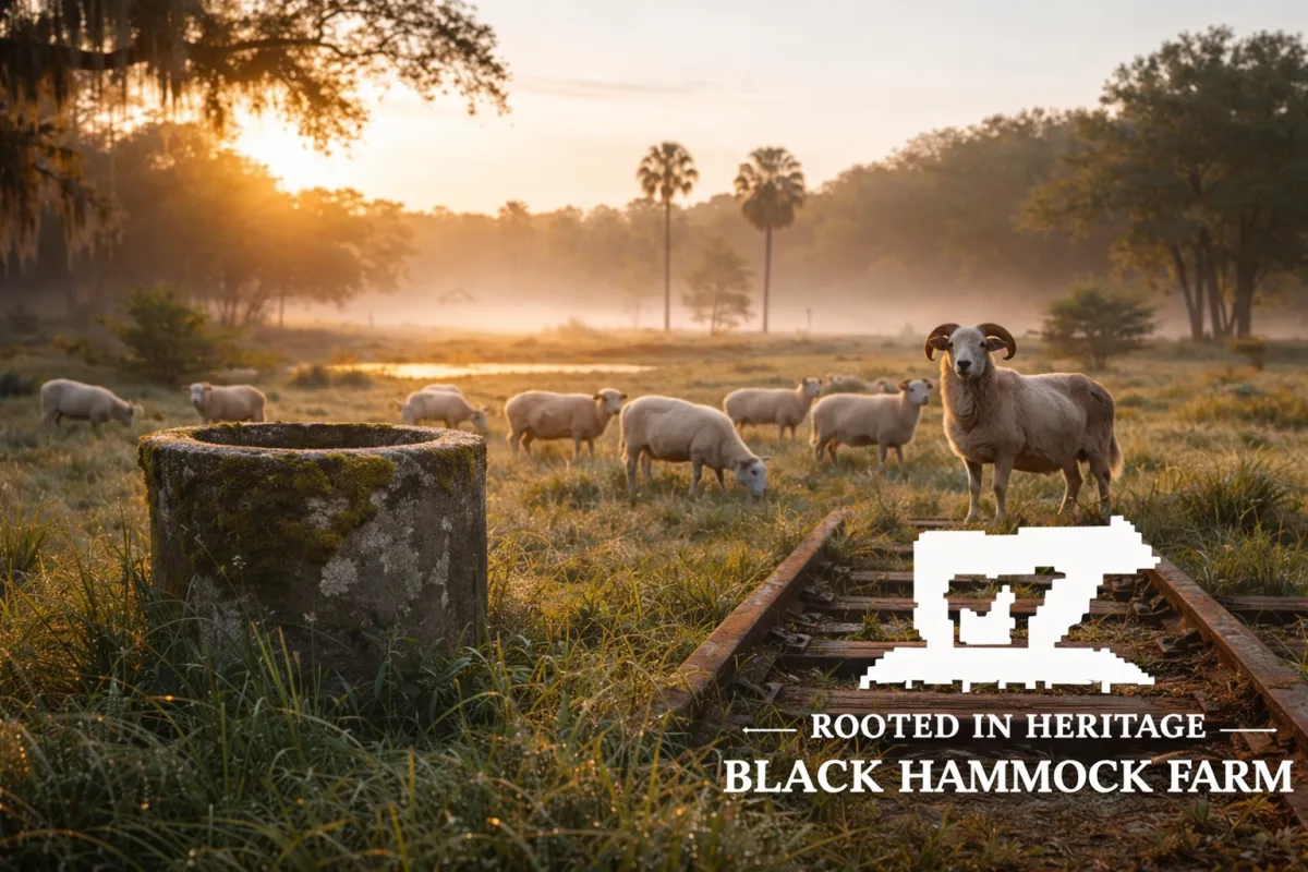 Historic farmland at Black Hammock Farm in Central Florida, where Katahdin sheep graze near old railroad ties and artesian wells that reflect the region’s celery farming past and modern conservation stewardship.