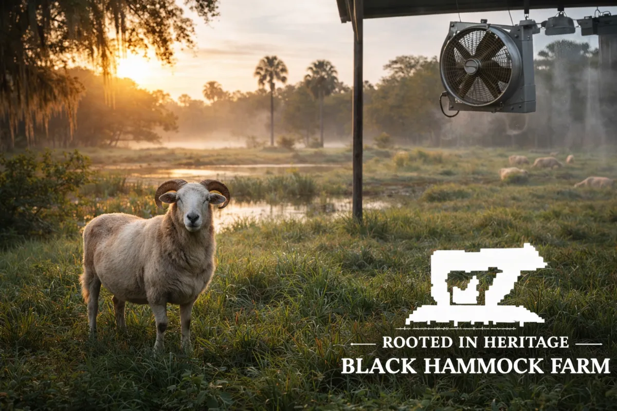 Katahdin sheep grazing comfortably at Black Hammock Farm in Oviedo, Florida, illustrating why heritage livestock breeds are built to belong in specific environments and require fewer inputs to thrive.