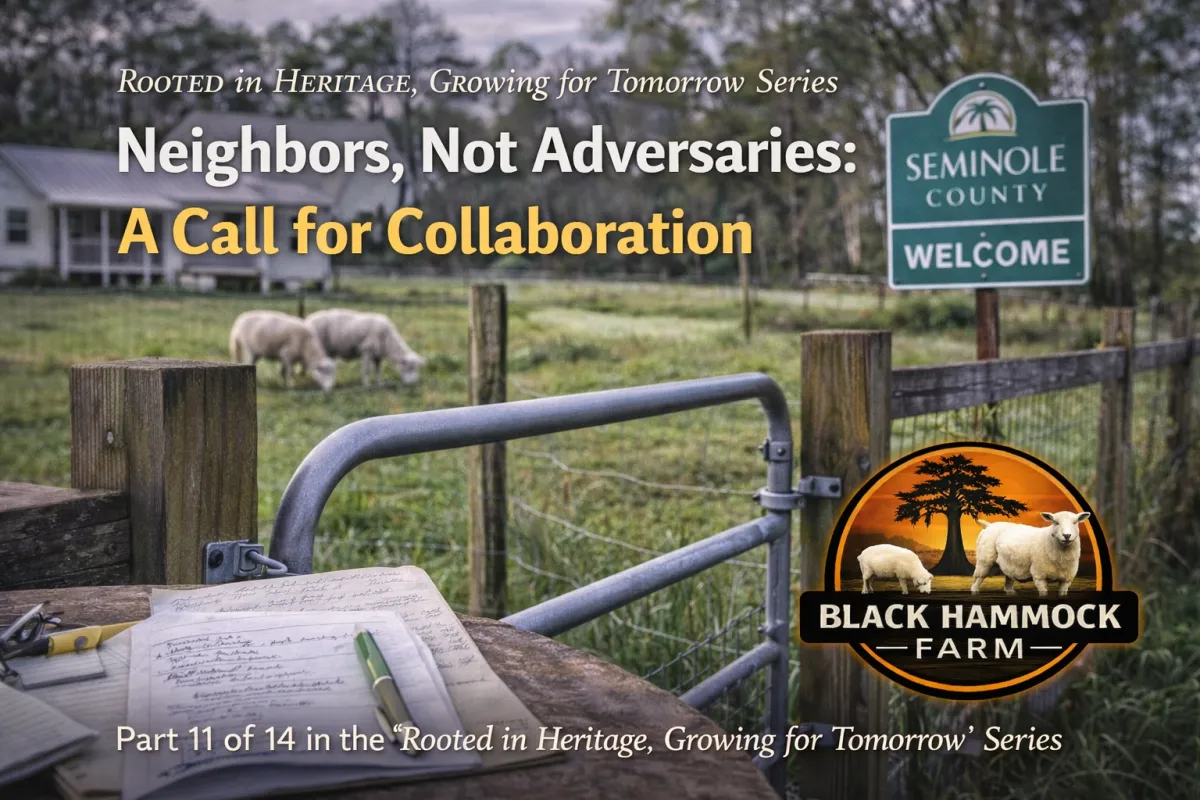 # Neighbors, Not Adversaries: A Call for Collaboration  *Part 11 of 14 in the "Rooted in Heritage, Growing for Tomorrow" Series*  ---  I've been thinking about fences lately.  On a farm, fences serve a simple purpose: they define boundaries. They keep sheep where sheep belong and separate pastures for rotational grazing. They're practical tools, nothing more.  But fences can also become symbols. Lines that divide. Barriers that separate "us" from "them."  As we approach our March 28th hearing, I've been asking myself: what kind of fence are we building between Black Hammock Farm and Seminole County?  I don't want it to be that kind of fence.  ## The Story We Could Tell  There's a version of this story where I'm the embattled farmer fighting an unreasonable bureaucracy. Where county officials are villains blocking the little guy. Where every interaction is a battle and every decision is an injustice.  That story might generate sympathy. It might even generate outrage. But it wouldn't be true—and it wouldn't help anyone.  Here's what's actually true:  Seminole County has real responsibilities. Budgets to balance. Services to fund. A tax base to maintain as costs rise and demands increase. The people making these decisions aren't cartoon villains—they're public servants trying to do difficult jobs.  And here's what's also true:  Black Hammock Farm is a legitimate agricultural operation that meets the legal criteria for agricultural classification. An independent Magistrate confirmed this after reviewing our evidence. We're not asking for favors—we're asking for the law to be applied as written.  Both things can be true at once. And if both are true, then we're not adversaries. We're neighbors with a disagreement—one that can be resolved through conversation rather than combat.  ## The Inconsistency That Invites Dialogue  I want to revisit something I mentioned in an earlier post, because I think it's the key to moving forward.  Seminole County zoned our property A-5: Agricultural.  That designation wasn't an accident. The county's own planning process determined that this land is appropriate for agricultural use. The zoning code that applies to our property explicitly contemplates farming, livestock, and agricultural activity.  In June 2020, Seminole County issued Development Order 20-27000025 for our property. That order was for Paramount Fencing—my agricultural fencing and infrastructure business that serves farms across the region. But here's what matters: as a condition of that approval, the county required that we maintain the "rural or agricultural characteristics" consistent with the area.  Think about what that means. The county looked at our property and saw agricultural character worth preserving. They didn't just permit agricultural activity—they *required* it as a condition of the development order. They recognized that this land was being used agriculturally and mandated that it continue.  And yet the Property Appraiser's office, evaluating the same property, concluded that our agricultural operations don't qualify for agricultural classification.  The county recognized our agricultural character in one context—and denied it in another.  I'm not saying anyone acted in bad faith. I'm saying the two positions don't align—and that misalignment deserves a conversation.  How can the county require us to maintain agricultural characteristics while simultaneously denying that those characteristics exist?  I genuinely don't understand. And I'd welcome the opportunity to sit down with anyone who can explain it.  ## What Collaboration Could Look Like  Instead of fighting about what went wrong, I'd rather talk about what could go right.  Black Hammock Farm offers capabilities that could benefit Seminole County. The county has needs that our capabilities could address. What if we stopped arguing about classification and started exploring partnership?  **Vegetation management for public lands.** The county maintains thousands of acres of conservation land, retention ponds, parks, and right-of-ways. Much of this requires ongoing vegetation control—currently handled by mowing crews, herbicide applicators, and mechanical clearing.  We've discussed this in earlier posts: targeted grazing offers an alternative. Sheep that clear vegetation without chemicals, without heavy machinery, without fossil fuels. A method that's gaining traction in municipalities across the country.  What if Seminole County piloted a targeted grazing program on a retention pond or park edge? Black Hammock Farm has the animals, the portable fencing systems, the expertise. We could start small—a few acres, carefully monitored—and see what works.  **Invasive species control in wetlands.** Seminole County protects over 8,500 acres of wetlands around Lake Jesup. These areas face constant pressure from invasive plants that conventional management struggles to control.  Research supports strategic grazing as an effective tool for invasive species management. We have Katahdin sheep specifically suited to Florida conditions. We have experience with transitional zone grazing on our own property.  A partnership between the county's Natural Lands Program and local agricultural operations could pioneer approaches that other Florida counties would want to replicate. Seminole County could be a leader rather than a follower.  **Agricultural education and community connection.** Families across Seminole County have lost connection to where their food comes from. Our Backyard Chicken Program, farm visits, and community engagement help bridge that gap.  What if the county promoted local farms as educational resources? What if school field trips included working agricultural operations? What if "buy local" wasn't just a slogan but a supported initiative?  None of this requires anyone to admit they were wrong. It just requires a willingness to look forward instead of backward.  ## What We Bring to the Table  I want to be clear about what Black Hammock Farm offers—not as a negotiating position, but as an honest inventory of capabilities.  **Established infrastructure.** We've already built the fencing systems, the livestock handling facilities, the operational protocols. We're not asking anyone to fund our startup. The capacity exists.  **Specialized expertise.** Katahdin sheep in Florida conditions. Conservation grazing in transitional wetlands. Heritage poultry breeding. We've developed knowledge that has value beyond our own property.  **Community relationships.** Through Rent-A-Herd, the Backyard Chicken Program, farm visits, and this blog series, we've built connections across Seminole County. People know us. They trust us. That social capital has value for any partnership.  **Commitment to documentation.** We track everything. Breeding records, body condition scores, grazing outcomes. If the county partnered with us on a pilot program, we'd provide the data needed to evaluate results.  **Aligned incentives.** We want our farm to succeed. The county wants well-managed land and cost-effective services. These goals don't conflict—they reinforce each other.  ## What We're Asking For  Let me be direct about what we need from this relationship.  **Fair application of existing law.** Florida Statute 193.461 establishes criteria for agricultural classification. We meet those criteria. An independent Magistrate confirmed it. We're asking the Value Adjustment Board to apply the law as written and uphold the Magistrate's recommendation.  **Consistency between county departments.** If the Planning and Zoning department recognizes us as agricultural, the Property Appraiser's classification should align. We're not asking for special treatment—we're asking for coherence.  **Openness to conversation.** We've spent over $10,000 on legal fees because that's what the formal process required. But I'd much rather have spent that money on fencing—and spent the time in dialogue instead of hearings.  If anyone from the county wants to visit the farm, walk the pastures, and understand what we actually do, the invitation stands. No lawyers required. Just neighbors talking.  ## The Future I Want to See  Close your eyes for a moment and imagine a different Seminole County.  A county where small farms are recognized as community assets, not obstacles to tax revenue. Where agricultural classification is straightforward for operations that meet the legal criteria, without requiring $10,000 legal battles.  A county where local government actively partners with farms for services like vegetation management and invasive species control. Where the expertise of agricultural producers is valued and utilized.  A county where the Black Hammock region's farming heritage isn't just history in a museum, but a living tradition continued by working operations.  A county where the answer to "can small farms survive here?" is an enthusiastic yes.  That's the Seminole County I want to help build. I don't think I'm alone.  ## We're Still Here  Whatever happens on March 28th, Black Hammock Farm will still be here.  If the Value Adjustment Board upholds the Magistrate's recommendation, we'll continue building what we've started. More lambs. More families visiting. More conservation grazing research. More community connection.  If they don't... we'll figure out next steps. The legal process has additional stages. The farm has survived challenges before. Marines don't quit at the first setback.  But I'd rather not fight. I'd rather build.  Every hour I spend on legal briefs is an hour I'm not spending with the sheep. Every dollar that goes to attorneys is a dollar that doesn't go toward expanding our conservation grazing capacity. Every ounce of energy directed at conflict is energy diverted from creation.  I got into farming because I was done destroying. I wanted to build something. I wanted to heal something. I wanted to create rather than tear down.  That's still what I want.  County officials, if you're reading this: I meant what I said. The door is open. Come see what we're doing. Let's find common ground.  We're neighbors. We should be able to work this out.  ---  *Next week in Part 12: "The Research Speaks: Science Behind Sustainable Grazing"—we'll dive deeper into the peer-reviewed research supporting targeted grazing for conservation, and explore what the science says about livestock as land management partners.*  ---  **From the Pasture:** Spring is making itself known. The pastures are responding to recent rains, and our rotational grazing schedule is keeping pace with growth. The lambs are developing well, starting to sample grass alongside their mothers. Life on the farm continues, regardless of what happens in hearing rooms.  **An Open Invitation:** If you're a Seminole County official—elected, appointed, or employed—you're welcome at Black Hammock Farm anytime. No agenda required. Just come see what small-scale agriculture looks like in practice. Contact us through [blackhammockfarm.com](https://blackhammockfarm.com) to arrange a visit.  **A Question for Readers:** What would productive collaboration between local farms and county government look like to you? What services could farms provide? What support could counties offer? Share your ideas in the comments.  *#RootedInHeritage #BlackHammockFarm #CollaborationOverConflict #SeminoleCounty #FarmingFuture*