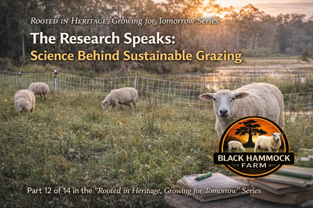 Katahdin sheep grazing behind portable electric fencing near a wetland at Black Hammock Farm with research books and notes in the foreground, illustrating science-backed sustainable and conservation grazing practices.