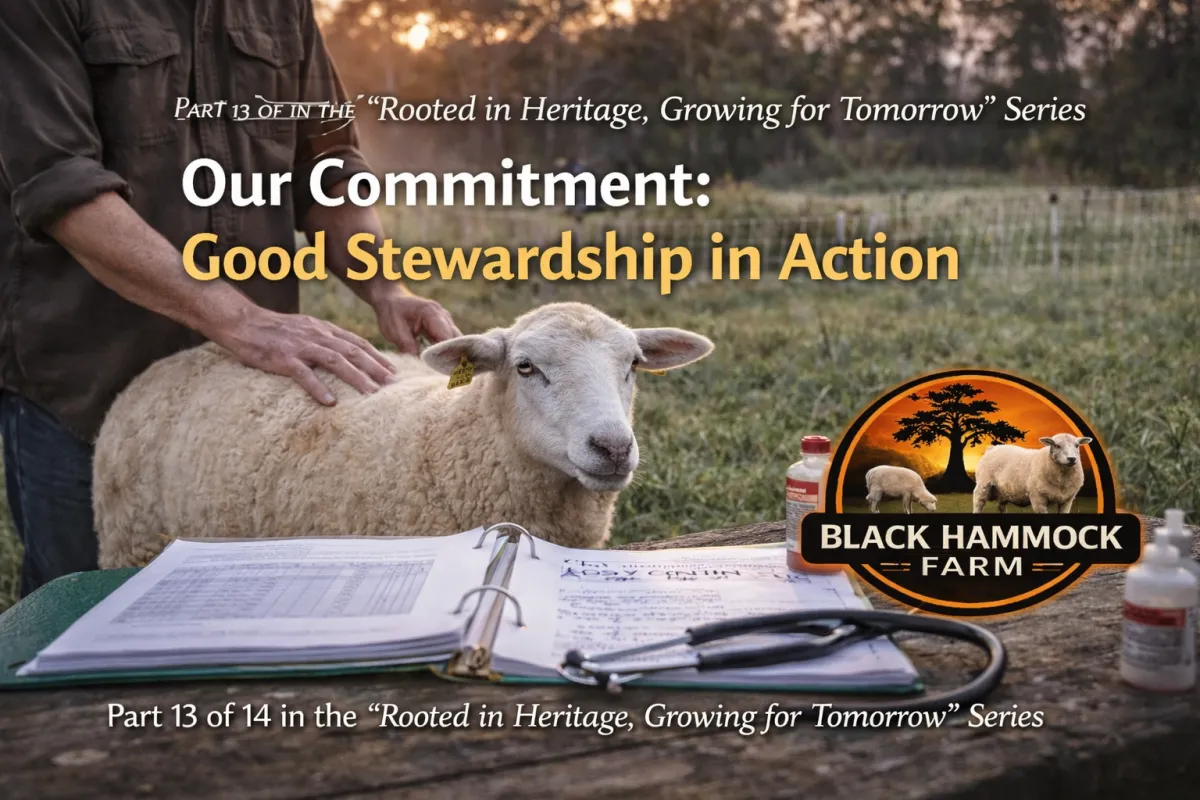 Farmer performing hands-on animal health checks with a Katahdin sheep at Black Hammock Farm, demonstrating good stewardship, animal welfare practices, and sustainable farming standards in action.