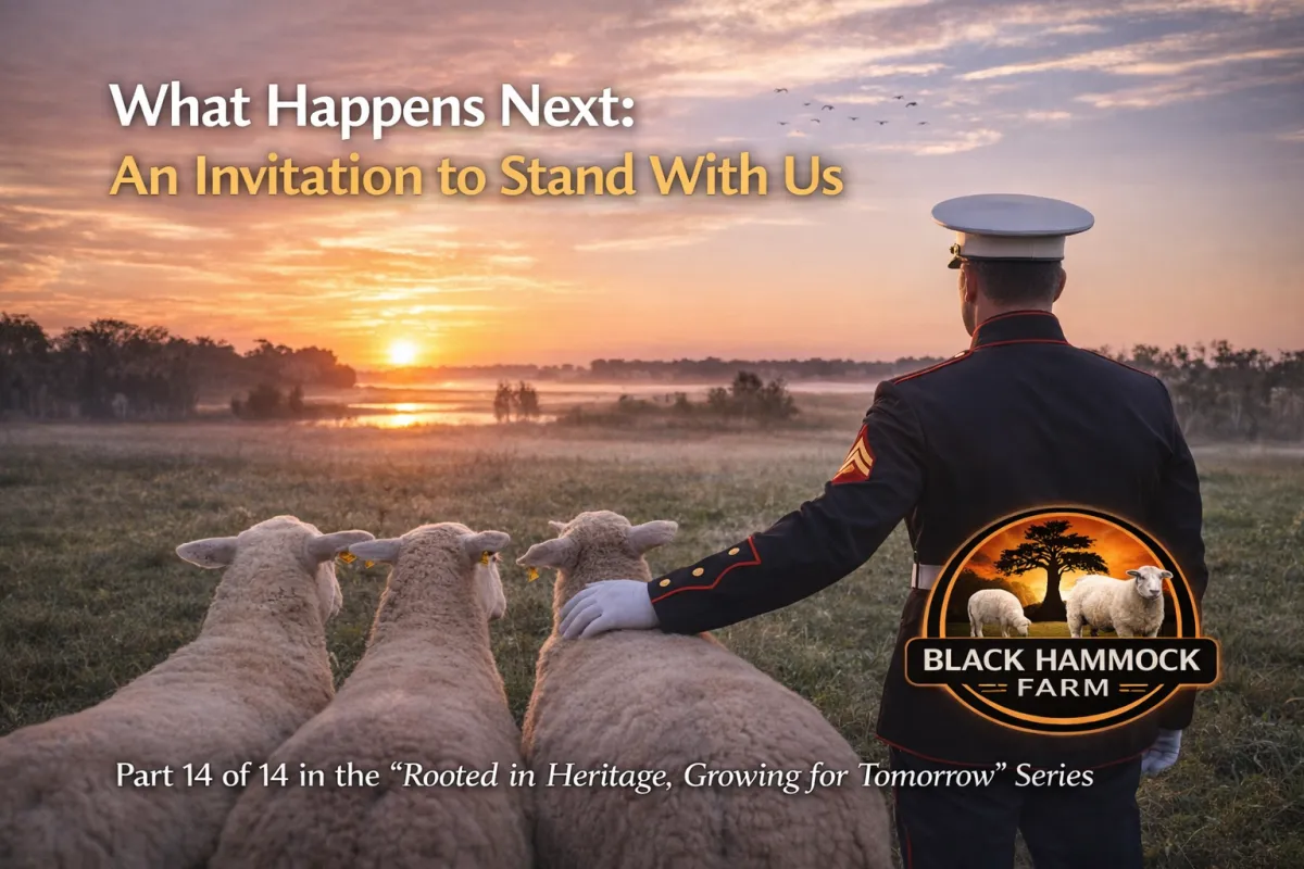 United States Marine in dress blues standing beside Katahdin sheep at Black Hammock Farm during sunrise, symbolizing service, heritage farming, stewardship, and the transition from military service to agricultural purpose.