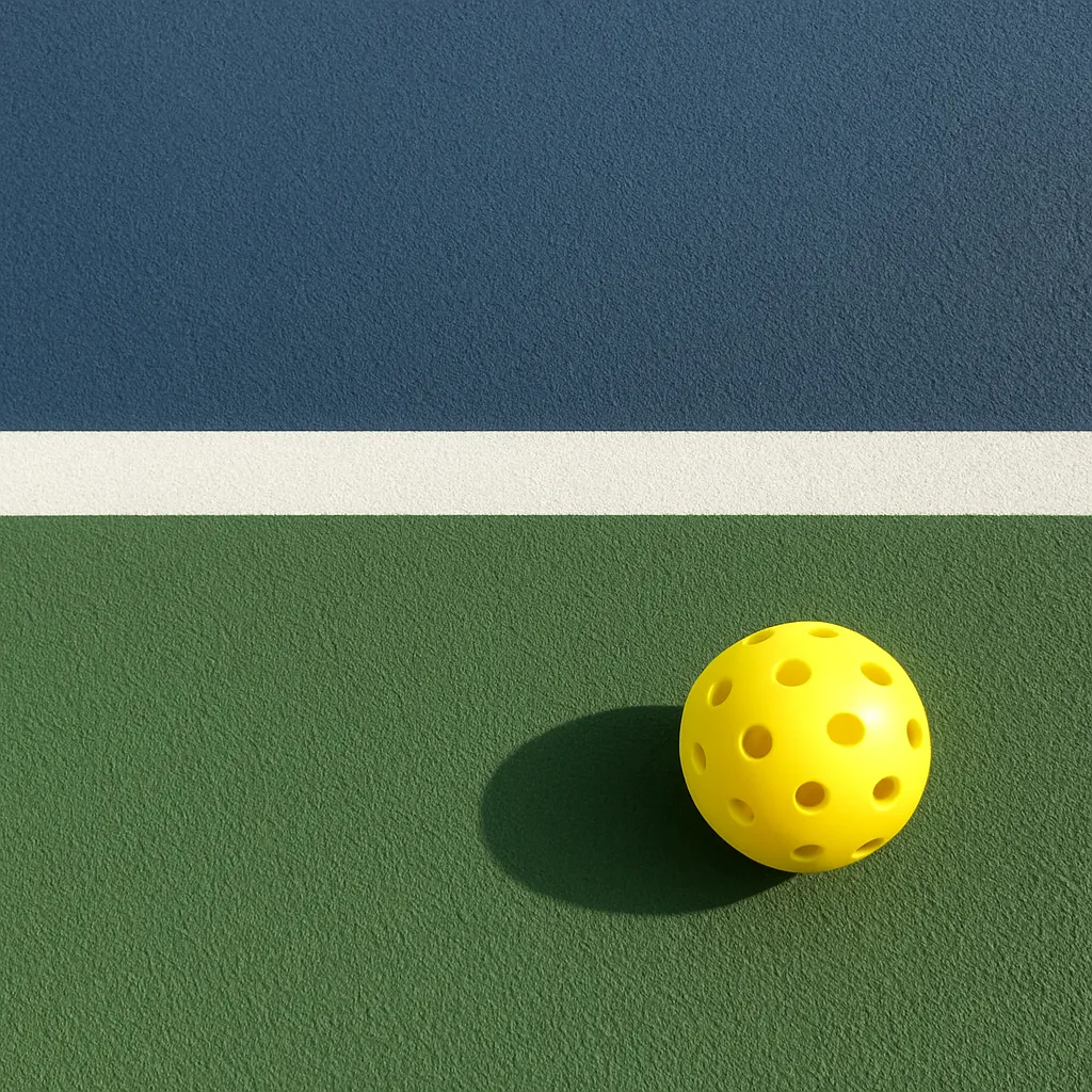 image of a pickleball and a background of blue and green with white line
