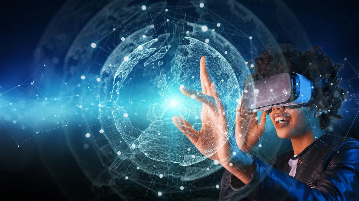 Digital art showing a person with VR headset touching a virtual globe
