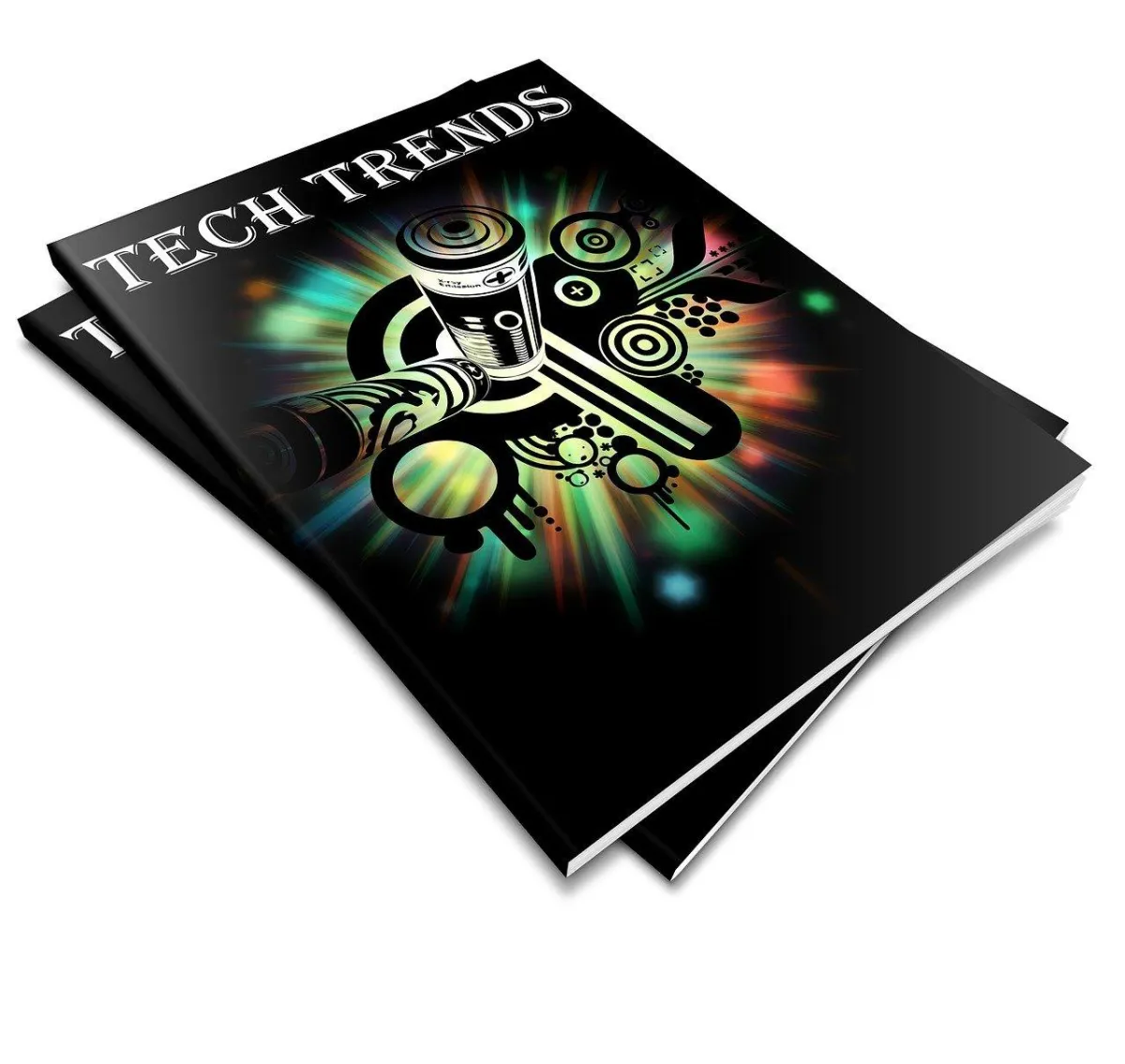  A stack of two books that say "TECH TRENDS" with an image of batteries.