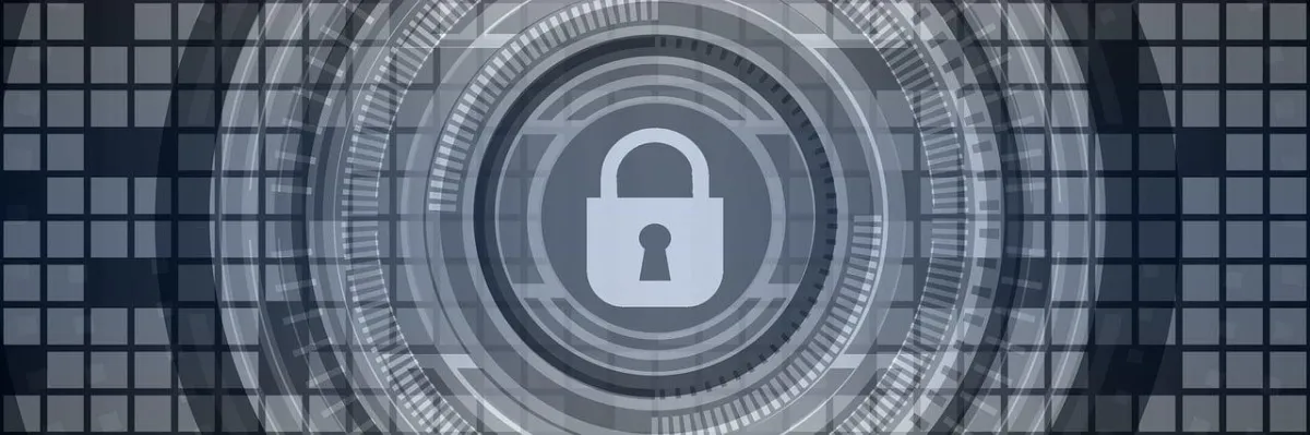 A lock in the center of some circles, surrounded by squares. 