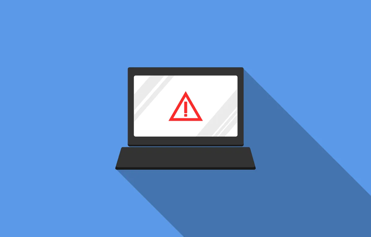 Cartoon image of a laptop with a danger symbol on it.