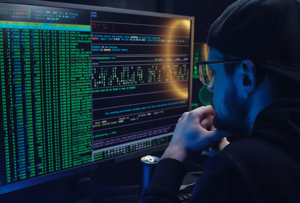 A man looking at a computer screen with lots of code on it.