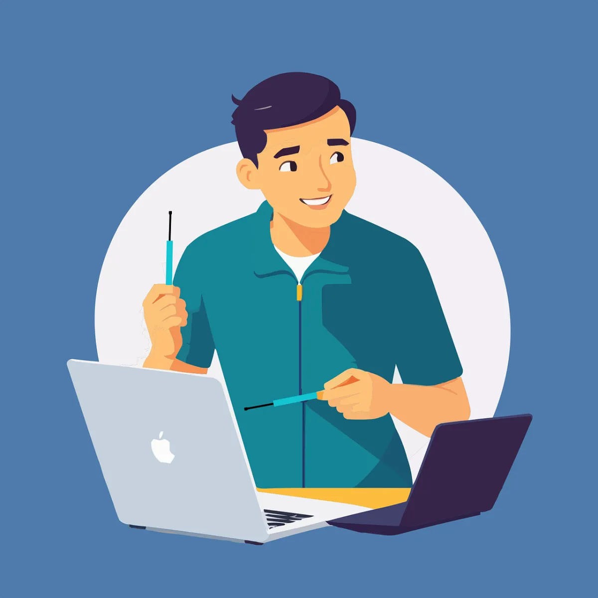 A cartoon man fixing a laptop
