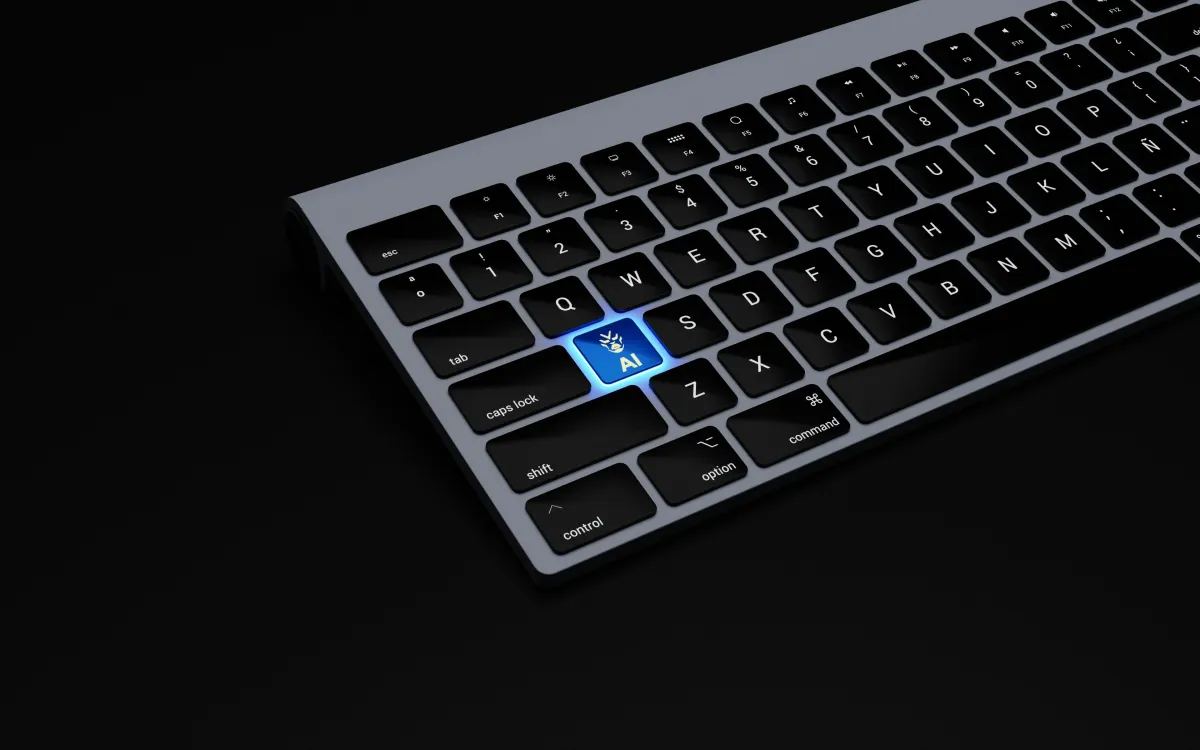 A black keyboard with a blue button on it that is lit up and says "AI".