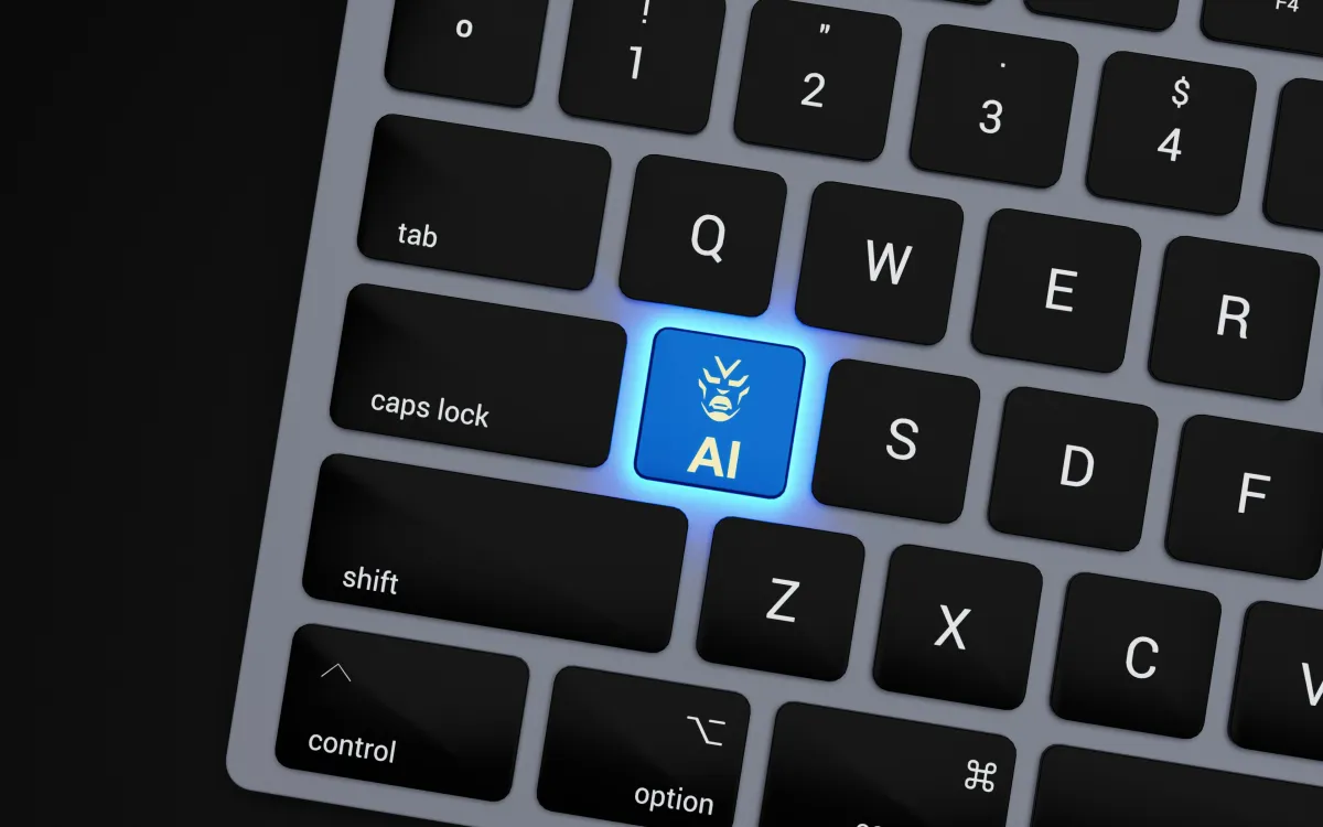 close up of a keyboard with a glowing blue button that says "AI".