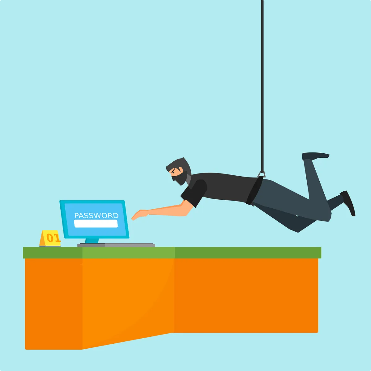 A robber dropping down from the roof trying to steal a password from a computer.