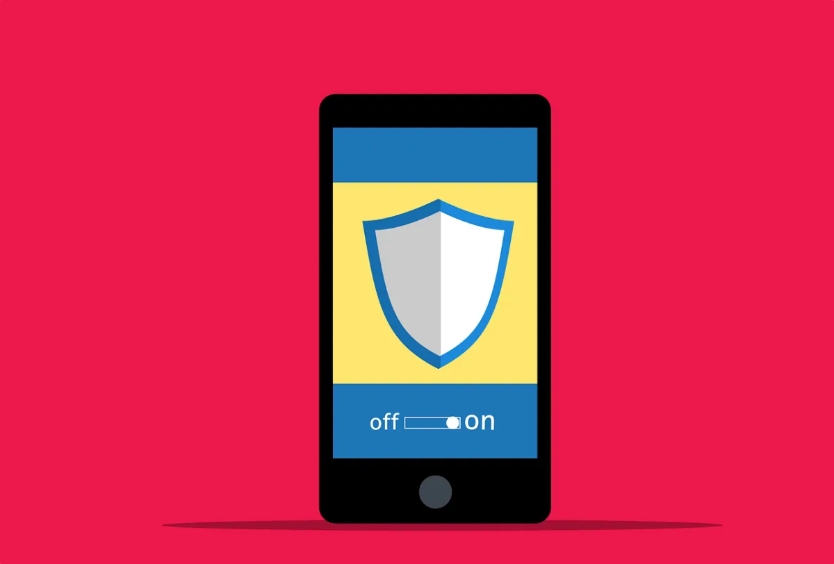 A cartoon smartphone with a shield on its screen for security.