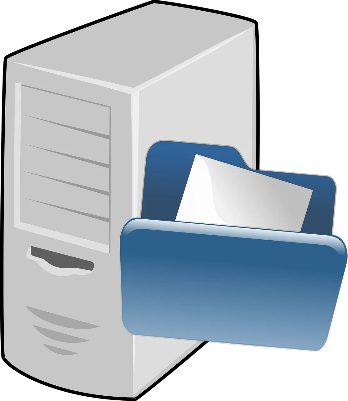 A cartoon computer file and a network server.
