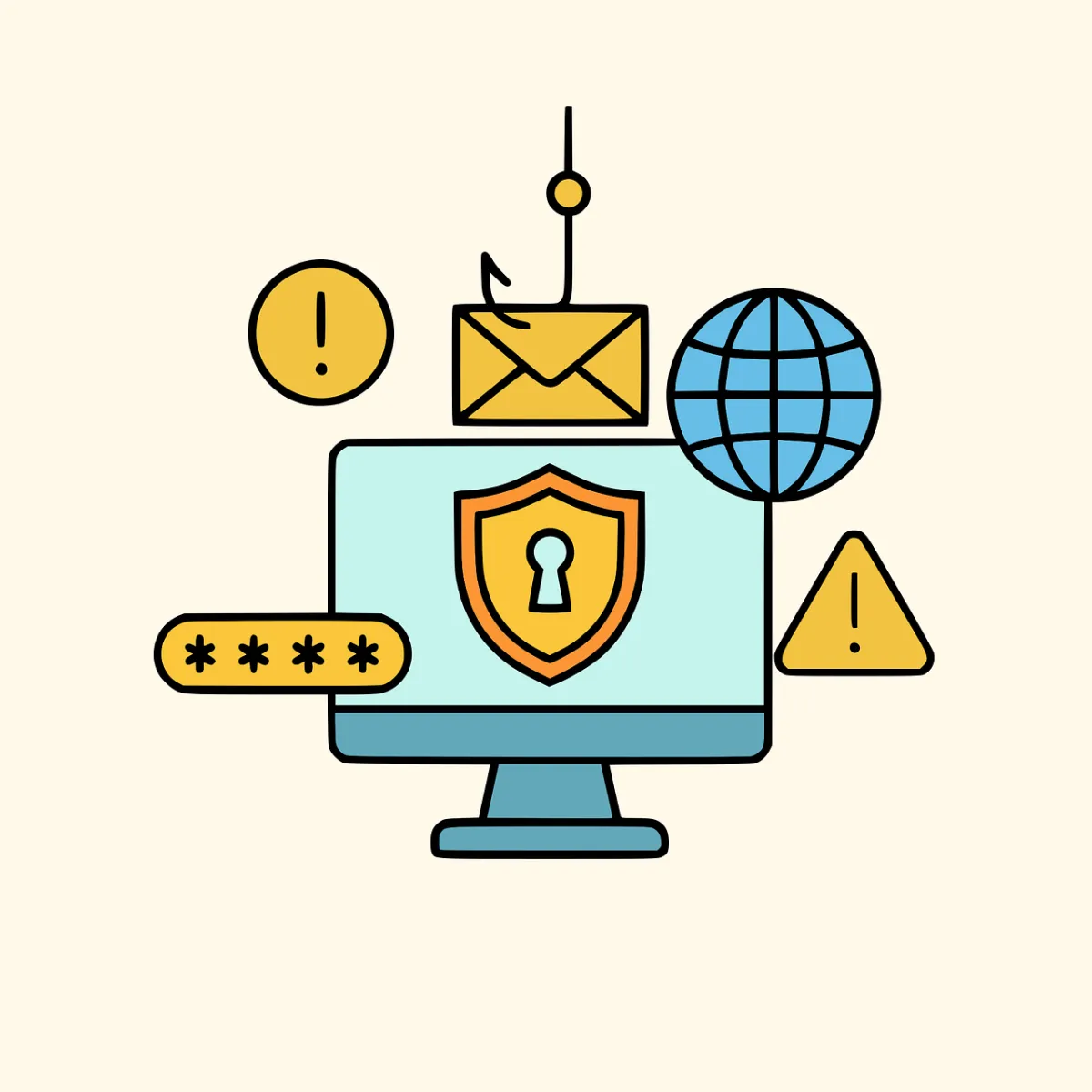 A cartoon image of a computer showing cybercrime, security, scams and fraud.