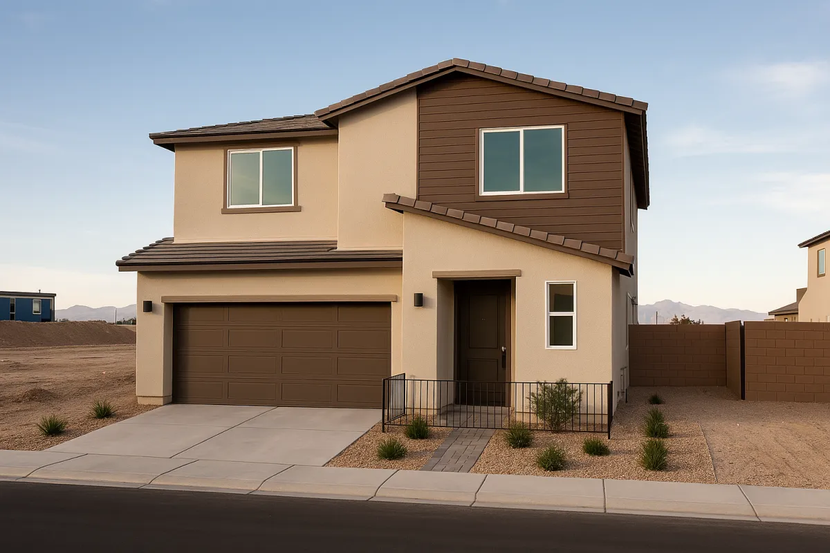 A newly constructed modern home in Las Vegas, featuring clean lines, light stucco walls, dark wood accents, and desert landscaping under a clear blue sky.