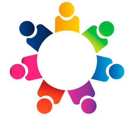Abstract graphic showing diverse people around a table, representing connection and shared ideas