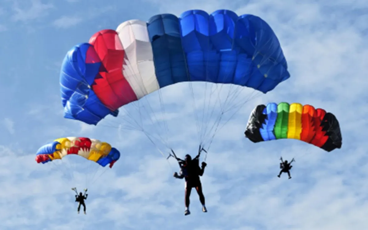 Group of skydivers parachuting through the sky with colorful canopies, symbolizing courage, risk-taking, and breaking free from comfort zones