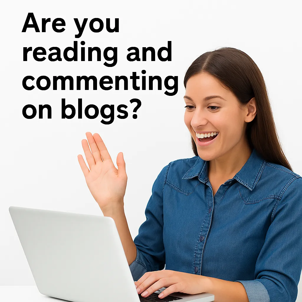 A smiling woman sitting at a desk with a laptop, waving while engaging online, with bold text reading ‘Are you reading and commenting on blogs?’ representing digital engagement and community interaction