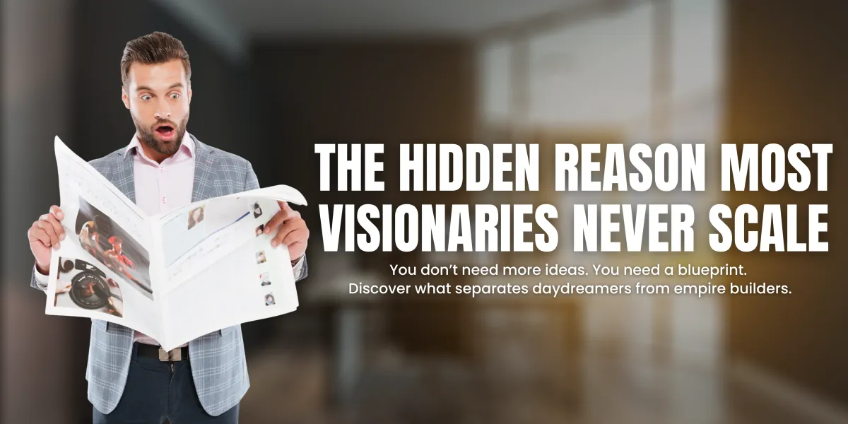 A visionary leader facing challenges, with icons of ideas, obstacles, and success pathways around them.