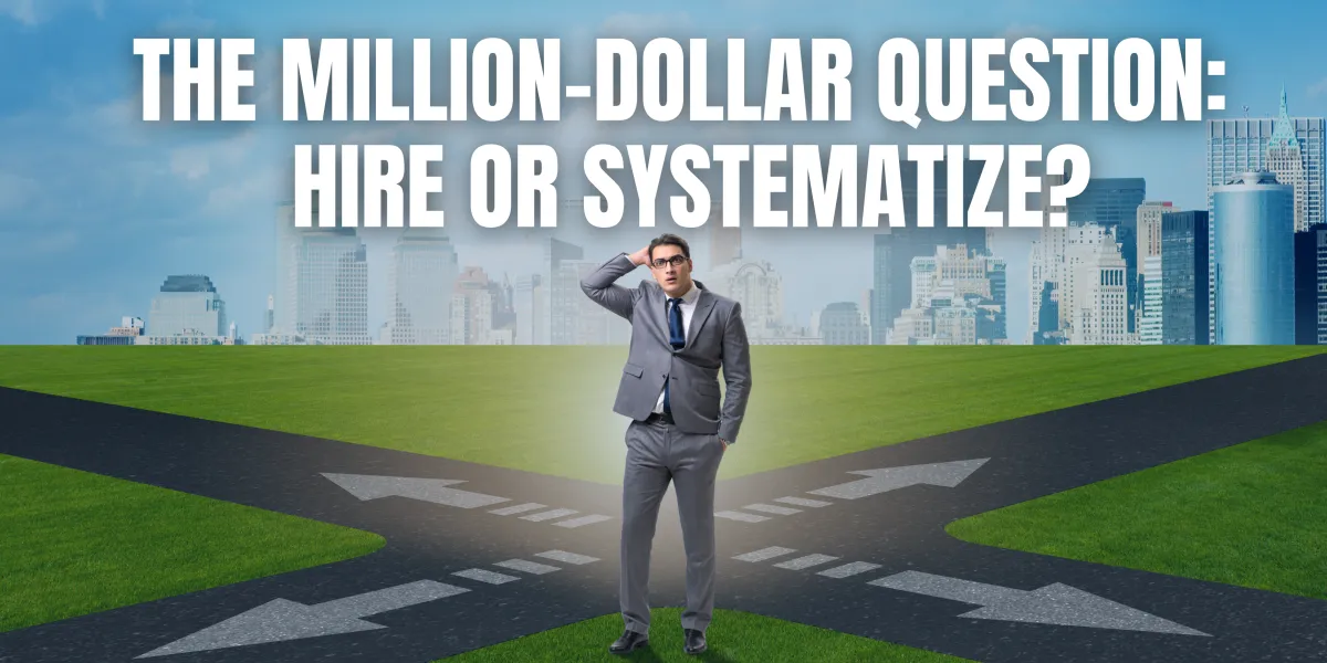 Illustration of a business owner at a crossroads, choosing between hiring a team or building systems to scale operations, symbolizing the decision between people and processes for sustainable growth.