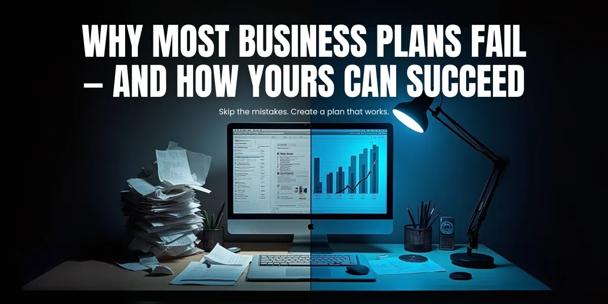 A split-screen image of a cluttered desk with messy papers on the left and an organized, modern workspace on the right. A computer screen in the center shows chaotic content on the left and a clear bar graph on the right. The headline reads, "Why Most Business Plans Fail – And How Yours Can Succeed," with a subheading: "Skip the mistakes. Create a plan that works."