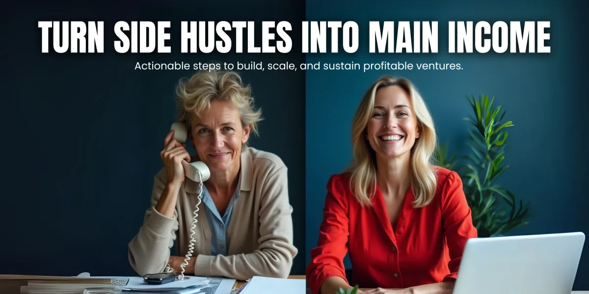 Two women at desks, one older and one younger, smiling confidently while working, with bold text reading 'Turn Side Hustles Into Main Income' and a subtitle about building and scaling profitable ventures.