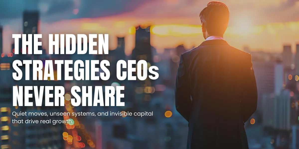 Businessman overlooking city skyline at sunset with text overlay: 'The Hidden Strategies CEOs Never Share – Quiet moves, unseen systems, and invisible capital that drive real growth.
