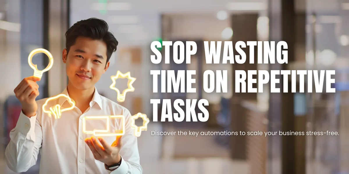 Smiling businessman holding glowing icons of lightbulb, cloud, and monitor, with text promoting automation to reduce repetitive tasks.