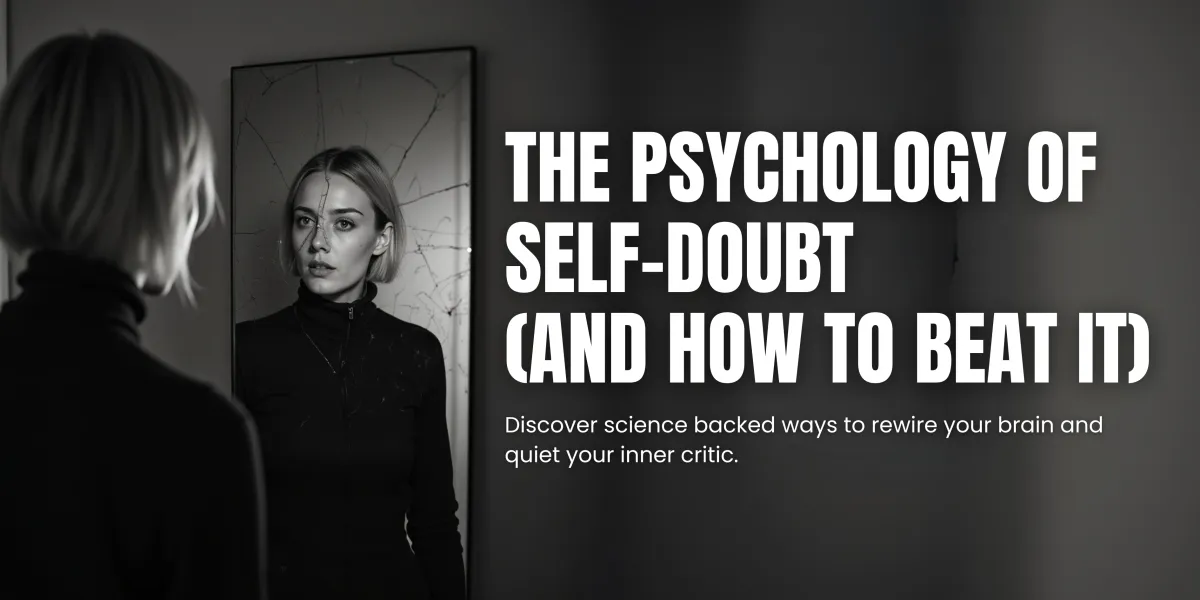 Woman looking at her reflection in a cracked mirror, symbolizing self-doubt; text reads ‘The Psychology of Self-Doubt (And How to Beat It) Discover science-backed ways to rewire your brain and quiet your inner critic.