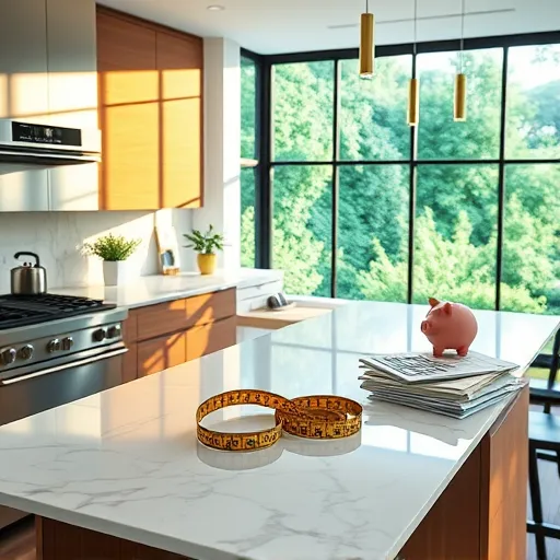 A hyperrealistic modern kitchen scene showcasing the current trends and costs in remodeling this year. The kitchen features sleek stainless steel appliances reflecting soft, warm lighting. A marble countertop displays a partially unraveled tape measure, highlighting planning and budgeting aspects. Bright sticky notes with handwritten numbers and doodles stick to the backsplash, representing cost estimates and creative ideas. An integrated, semi-transparent digital calculator overlay emphasizes financial planning. In the background, a partially dismantled cabinet reveals construction materials such as plywood, insulation, and new tiles, illustrating the remodeling process. A small piggy bank sits atop a stack of house plans, symbolizing savings. The open-concept space is illuminated by natural daylight streaming through large panoramic windows overlooking a lush garden, creating an inviting, optimistic atmosphere. The color palette combines rich natural tones—deep greens, warm wood hues, and metallic accents—with cheerful yellow and playful teal accents, conveying a sense of balance between aesthetic upgrades and cost awareness. The hyperrealistic textures and detailed elements portray the intricate process and financial considerations of kitchen remodeling expenses in 2024.