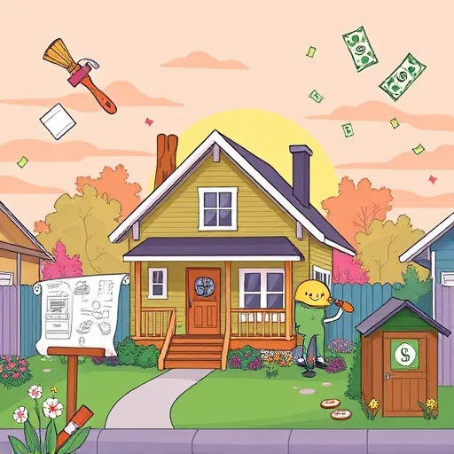 A vibrant digital illustration of a cozy suburban home with a modern facade, surrounded by lush greenery and a well-maintained front yard featuring flowering plants, a cheerful mailbox with a tax-themed sticker, and a small garden shed with a dollar sign emblem. The scene includes renovation tools and materials such as paintbrushes, wood planks, and energy-efficient appliances, highlighting home remodeling projects eligible for tax credits. Playful details include a whimsical, animated dollar sign wearing a construction helmet and holding a paint roller or wrench, along with tiny, smiling dollar bills fluttering around. A cheerful blueprint displays stylized diagrams and icons of solar panels, smart thermostats, and eco-friendly upgrades, emphasizing sustainable upgrades. The background features a sunset sky with warm orange, pink, and lavender hues, creating an optimistic atmosphere. The art style is semi-realistic digital art with clean lines, warm earth tones, greens, and pastel accents, balancing professionalism with friendliness to make complex tax credit concepts approachable.