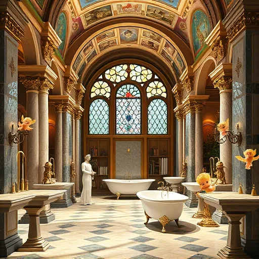 A detailed Renaissance-inspired scene of a luxurious bathroom remodeling showroom set within a grand palace environment. Ornate arches, intricate stonework, marble columns, and frescoed ceilings depicting water scenes frame the space, emphasizing opulence and craftsmanship. Classical-style mannequins resembling sculptures are gracefully posed around gleaming bathroom fixtures such as clawfoot tubs, gilded faucets, and marble sinks, some adorned with ivy and blooming roses, adding a touch of nature to modern design. Soft, warm light filters through stained-glass windows, casting elegant patterns. Playful elements include floating soap bubbles with tiny crowns and miniature cherubs with expressive faces holding ornate tiles and plumbing parts, symbolizing humor and craftsmanship. Shelves display vintage catalogs, and carved water nymphs embellish the stone walls, blending history with innovation. The rich color palette features golds, deep blues, and lush greens, highlighting textures like marble, gold leaf, and fabric. The scene combines classic artistry with playful personality, creating a sophisticated and lively visual perfect for a bathroom remodeling store blog cover.