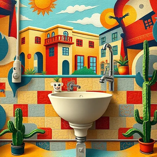 A colorful mural illustrating the evolution of a modern bathroom from outdated to innovative designs. The artwork features interlocking geometric tiles symbolizing customization and flexibility, with abstract plumbing fixtures depicted as flowing, organic shapes conveying movement. Playful details include a sink with googly eyes and a whimsical showerhead, adding humor and personality. The background showcases a lively cityscape and lush courtyard elements, blending indoor and outdoor themes to suggest integration with daily life. Rendered in a vibrant Mexican Muralism style, the mural uses bold outlines and rich earthy tones—terracotta, deep blues, yellows, and jade greens—that evoke warmth and optimism. Decorative motifs like cacti and sun symbols highlight resilience and freshness. Overall, the mural exudes energy and creativity, celebrating innovative bathroom solutions within a community and cultural context.