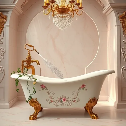 A luxurious Rococo-inspired bathroom scene illustrating the transformation of a vintage bathtub into a modern shower. The setting features ornate marble arches, gilded accents, and intricate carvings, creating an opulent background. Elegant, swirling golden fixtures intertwine with delicate floral motifs, while an overgrown vine of colorful tiny flowers whimsically winds around the bathtub’s edge. The antique porcelain tub with brass fittings merges seamlessly into sleek, modern glass shower panels decorated with baroque patterns. Soft light filters through an ornate crystal chandelier, casting shimmering reflections on pearl-white and pastel blush pink surfaces. Rococo scrollwork and rocaille embellishments blend with modern plumbing elements to symbolize transformation. Small quirky details include a feathered quill pen on a gilded soap dish and a tiny ornate mirror reflecting a cheeky smile of an unseen artisan. The overall atmosphere combines sophistication with playful charm, emphasizing a pastel color palette of soft pinks, mint greens, shimmering golds, and muted vintage tones, evoking timeless elegance infused with lighthearted creativity.