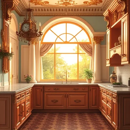 An opulent Baroque-inspired kitchen scene featuring elaborate gold-embellished moldings, swirling rococo motifs, and ornate Corinthian columns framing a large arched window draped with flowing curtains. The luxurious setting showcases vintage-style kitchen cabinets in trending colors—soft pastel pinks, muted sage greens, deep navy blues, and warm terracotta oranges—glossy and reflective with intricate brass handles, curling flourishes, and decorative carvings. Floating above the countertops are whimsical clouds of paintbrush strokes in the same colors, resembling a painter’s palette, symbolizing color artistry. Elegant chandeliers draped with crystals cast warm, golden light, enhancing the richness of the scene. In the background, a lush garden bathed in golden hour sunlight symbolizes growth and renewal. A tiny, ornate clock with a face of color swatches hangs near the ceiling, representing the passage of time and evolving design trends. The overall composition features dramatic lighting and deep shadows, blending warm golds and jewel tones with soft hues, creating a luxurious yet modern atmosphere that highlights innovative kitchen cabinet colors and artistic craftsmanship.