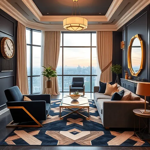 A luxurious Art Deco-inspired living room interior featuring a sophisticated color palette of deep navy blue, gold accents, soft blush pink, and rich cream tones. The scene showcases geometric patterns and streamlined furniture, including a plush velvet armchair with angular gold legs, a chic coffee table with bold, symmetrical lines, and ornate wall panels with sunburst motifs. Architectural elements highlight symmetry and opulence, with decorative moldings and stylized light fixtures casting a warm glow. In the background, large windows draped with flowing curtains reveal a scenic city skyline at dusk, adding depth to the open-plan space. Subtle details such as a vintage-inspired stepped-edge clock, zigzag-framed decorative mirror, and an abstract mosaic rug emphasize craftsmanship and attention to detail. The environment exudes elegance, confidence, and creativity, illustrating the transformative power of expert home remodeling with a refined, timeless style.