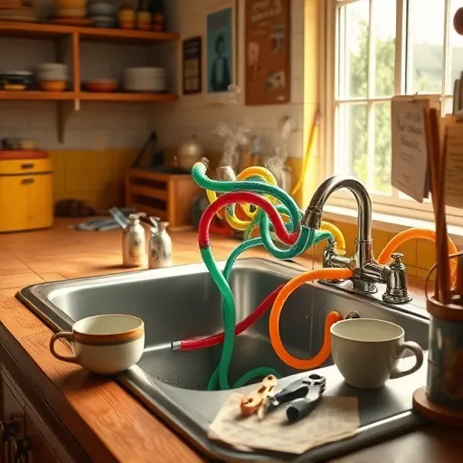 A highly detailed, photorealistic depiction of a vintage kitchen sink emphasizing its intricate plumbing system. Colorful, curly, and exaggeratedly tangled drainage pipes emerge from the sink basin, suggesting a playful and quirky plumbing challenge. The gleaming basin reflects cheerful yellow tiles and a rustic wooden countertop, adding warmth and vintage charm. Nearby, subtle steam wisps rise from a steaming cup, conveying activity and problem-solving energy. Small whimsical tools—a tiny wrench, pliers, and a flexible snake—coiled around the pipes enhance the scene's quirky personality. The cozy kitchen environment features open shelving with vibrant, mismatched dishware and a window flooding the scene with soft, natural light, creating an inviting atmosphere. In the background, a charming workshop area displays corkboards, scattered notes, and a humorous plumbing poster, adding personality and a lighthearted mood. The color palette includes realistic shades of warm beige, rich wood browns, soft yellows, and subtle metallics, blending detailed realism with playful touches to evoke an energetic, approachable setting focused on plumbing repairs and problem-solving with humor and ingenuity.
