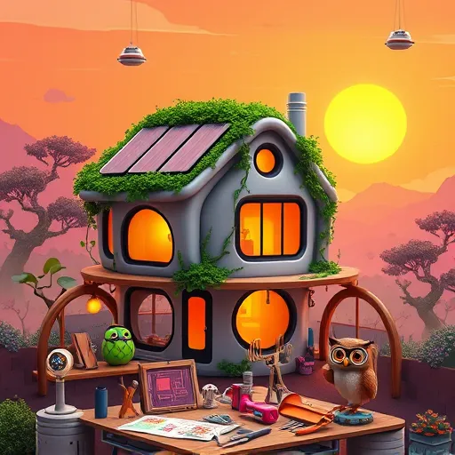A vibrant futuristic workshop scene illustrating innovative home improvement concepts. A highly intelligent, seemingly alive robot is repairing a cozy, eco-friendly house with sleek, organic architecture featuring rounded shapes, green vines, solar panels, and smart glass windows reflecting a golden sunset. Glowing tools float playfully nearby, while colorful holographic blueprints hover over a cluttered workbench filled with metallic construction materials. The lush landscape background combines natural elements and advanced technology, including glowing trees, floating islands, and distant mountains in warm orange and lavender hues. Quirky animated creatures—a curious squirrel with a toolbelt and an owl wearing goggles—add personality to the lively yet calm environment. The scene emphasizes harmony between nature and innovation, growth, and sustainable high-tech home upgrades, styled in 'VisionaryArt' with a saturated color palette of warm oranges, soft purples, luminous greens, and metallic accents, evoking an inspiring future of home improvement.
