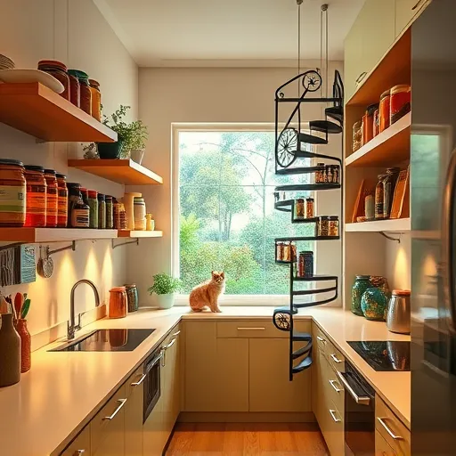 A vibrant, visionary kitchen interior showcasing innovative storage solutions with sleek, floating wall shelves adorned with colorful, artistic containers and hidden drawers. The countertops feature upcycled jars with whimsical labels, while a spiral staircase of stacked utensils adds a playful element. Bright, warm lighting highlights efficient storage nooks in a lively yet organized space. A lush window reveals a thriving herb garden outside, blending nature with practicality. Fun, whimsical details include a tiny vintage bicycle used as a spice rack and a curious cat peeking from behind shelves. The environment combines futuristic and cozy elements, inspiring smart kitchen transformations. Rendered in a VisionaryArt style with a vibrant color palette of emerald green, warm terracotta, pastel yellows, and metallic accents, evoking creativity, ingenuity, and the possibility of transforming kitchen clutter into functional art.