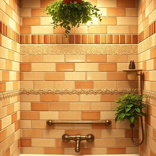 A detailed depiction of vintage-inspired shower wall tiles designed in the Arts and Crafts Movement style, featuring intricate craftsmanship, organic floral and natural motifs, and harmonious patterns. The tiles showcase subtle glaze variations and textured surfaces, illuminated by warm, soft lighting that emphasizes handcrafted details. Decorative borders include delicate botanical elements, while lush greenery such as ferns and vines integrate natural themes, creating a serene and inviting atmosphere. The color palette consists of earthy tones like terracotta, moss green, ivory, and muted brown, evoking warmth and timeless elegance. Quirky, whimsical touches—such as carved insects in the grout lines and stylized bird shapes among the tiles—add personality without detracting from the overall refined aesthetic. The scene exudes calmness and artisanal charm, celebrating the beauty of functional art and making the shower wall a captivating visual centerpiece inspired by the arts and crafts movement.