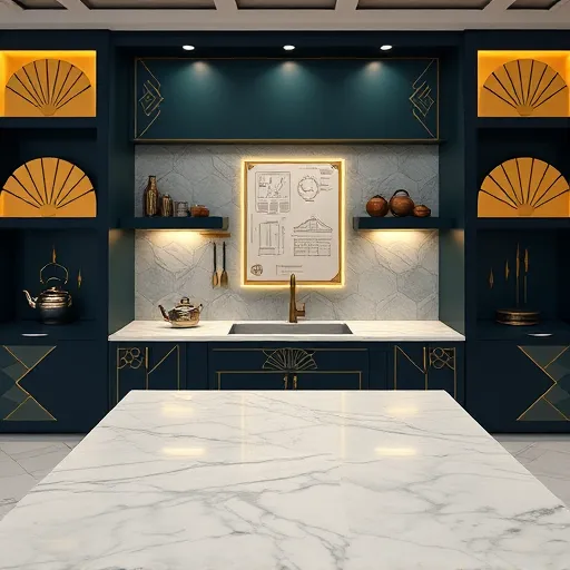 A stylish kitchen design tool interface inspired by Art Deco aesthetics, featuring geometric patterns, bold lines, and symmetrical shapes. The scene includes a polished marble countertop with gold accents, surrounded by angular cabinetry with fan motifs and stepped tiers reminiscent of 1920s design. Floating illuminated panels display vintage blueprint-style floor plans in warm gold tones. Decor includes simplified geometric kitchen utensils—pots, teapots, and cutting boards—arranged rhythmically. Background elements feature art deco-style rulers and design charts with flourishes, conveying a focus on planning and creativity. The environment is an elegant, theatrical space with a symmetrical backdrop in muted teal and champagne gold, creating a luxurious, calming atmosphere. Design motifs incorporate whimsical lightning bolts and starbursts, adding playful inspiration. The color palette of deep navy, soft gold, crisp white, and emerald green emphasizes sophistication and creativity, making this scene ideal for a blog cover about upscale, innovative kitchen design.