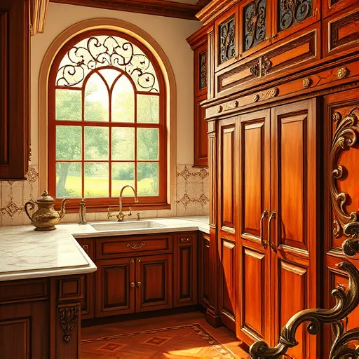 A Renaissance-style illustration of custom kitchen cabinets in Largo, Maryland, featuring intricately carved wooden cabinets with rich mahogany and chestnut finishes, accented by gold leaf details and ornate scrollwork. The scene includes a vintage marble countertop with subtle veining, a decorative backsplash with floral motifs, and a grand arched window with leaded glass revealing lush Maryland greenery bathed in golden sunlight. The hardwood floors have elaborate geometric inlay. Quirky touches include an ornate brass teapot on the counter and a playful cherub carved into a cabinet corner. The artwork emphasizes craftsmanship, combining sophistication and whimsy with warm browns, golds, subtle greens, realistic textures, and delicate shading, capturing the essence of bespoke, historic-inspired kitchen design.