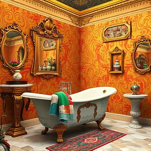 A richly detailed Baroque-style bathroom scene showcasing an affordable remodel in Hyattsville, Maryland. The spacious, high-ceilinged room features ornate golden moldings and swirling floral motifs in warm gold and deep emerald hues, evoking classic Baroque elegance. Central to the scene is an intricate vintage bathtub with gilded carvings and swirling marble legs, draped with vibrant patchwork towels in mismatched patterns, adding quirky charm. Surrounding elements include elaborately framed mirrors with exaggerated gilded scrollwork, antique brass fixtures with decorative embellishments, and ornate corner shelves holding whimsical ceramic vessels—shaped like playful animals and colorful flower vases. A shiny shower curtain decorated with cartoonish Maryland landmarks, such as the State House and Chesapeake Bay Bridge, introduces humor and a sense of local pride. The environment is lit with warm, golden lighting that highlights textures of marble, brass, and fabric. Subtle playful touches include a tiny vintage bicycle leaning against a marble pedestal and a small smiling cat sculpture hidden among ornate carvings. The background features elaborate wallpaper with swirling patterns in jewel tones of ruby red, emerald green, and royal purple, set against a textured gold leaf backdrop, blending grandeur with budget-friendly elegance. The overall scene merges classic Baroque opulence with playful, approachable details, illustrating a creative, budget-conscious bathroom transformation in Hyattsville.
