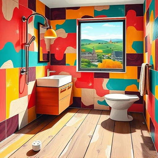 A vibrant, expressionist illustration of an affordable bathroom remodel in College Park, Maryland, showcasing a stylized bathroom scene with dynamic brushstrokes conveying movement and energy. The walls feature bold, abstract tile patterns in warm coral, deep teal, and mustard yellow, highlighting aesthetic variety and affordability. A sleek, modern vanity with exaggerated, flowing lines sits on a rustic reclaimed wood floor, shimmering with playful highlights that suggest both style and budget-conscious design. An oversized, whimsical showerhead with exaggerated curves sprays swirling water droplets, adding a fun, lively touch. Bright light fixtures cast energetic patches of light and shadow, enhancing the scene's vibrancy. In the background, a loosely painted window reveals a stylized Maryland landscape with rolling green hills, distant college spires, and autumn foliage, situating the scene in College Park. Small humorous details, such as a smiling soap bar and a festively decorated towel rack, create a warm, approachable atmosphere. The overall mood is lively, creative, and optimistic, rendered in bold brushstrokes with a lively color palette of reds, greens, and yellows, emphasizing a playful yet practical approach to bathroom renovation.
