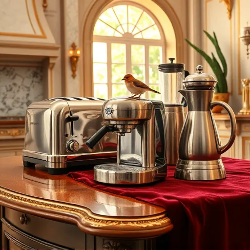 A high Renaissance-style still-life tableau featuring modern stainless steel kitchen appliances—including a shiny toaster, a polished espresso machine, a sleek blender, and an elegant kettle—arranged on a richly textured wooden table with ornate carved edges. The scene is draped with a luxurious deep burgundy velvet cloth that contrasts beautifully with the metallic surfaces, enhancing the scene’s depth. In the background, an opulent Mediterranean kitchen setting is visible, with softly illuminated marble walls, gold accents, and a wide arched window revealing lush greenery, bathing the scene in warm natural light. A whimsical, tiny feathered bird perches on the blender's handle, adding playful charm to the regal composition. Classical motifs such as floral patterns and faint cherubic faces subtly reflect in the surfaces, blending Renaissance grandeur with modern minimalism. The overall palette combines warm golds, deep burgundies, and cool silvery reflections, creating an elegant, sophisticated atmosphere that celebrates contemporary kitchen design infused with timeless Renaissance artistry.