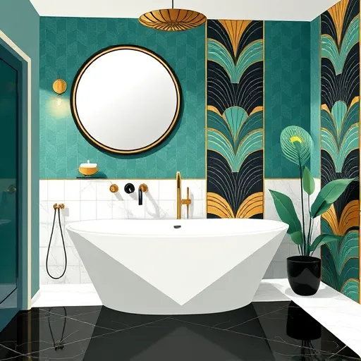 A sleek Art Deco-inspired minimalist bathroom featuring elegant geometric shapes and streamlined lines. The scene includes a luxurious freestanding soaking tub with a stylized geometric water ripple pattern, surrounded by glossy, angular tiles in gold, teal, and black that evoke 1920s glamour. A wall-mounted vanity with abstract, symmetrical handles is illuminated by a vintage sunburst mirror reflecting light. The countertops are sleek marble with subtle gold veining. Decorative zigzagging lighting fixtures cast a warm, elegant glow. Quirky details include a retro soap dish shaped like a peacock feather and a potted palm with exaggerated fan-shaped leaves. The background showcases stylized geometric wallpaper with elongated chevrons and fan motifs, enhancing the opulent atmosphere. The color palette features deep emerald green, bold gold accents, crisp black, and muted white tones, creating a luxurious vintage-modern ambiance. The scene emphasizes symmetrical composition, luxurious detailing, and abstract decorative elements with a playful, timeless elegance, ideal for celebrating minimalist bathroom design with vintage glamour.